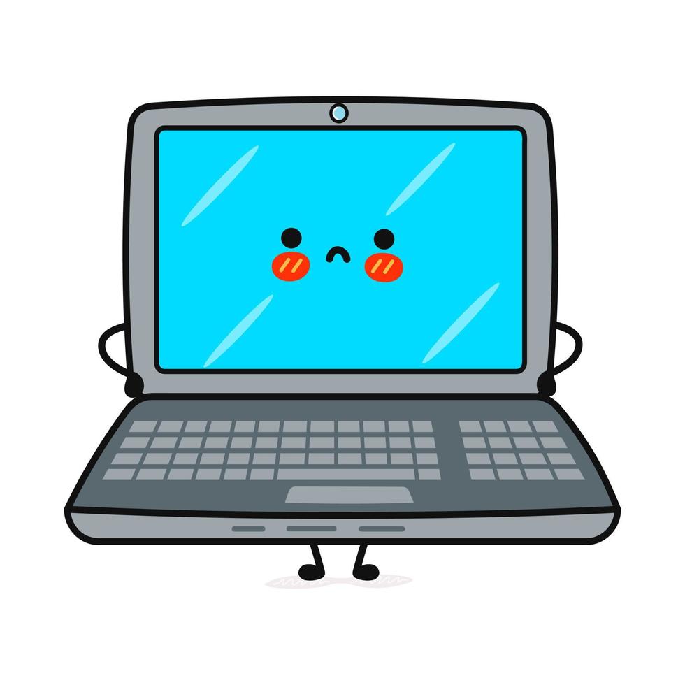 söt ledsen bärbar dator karaktär. vektor handritad tecknad kawaii karaktär illustration ikon. isolerad på blå bakgrund. bärbar dator karaktär koncept