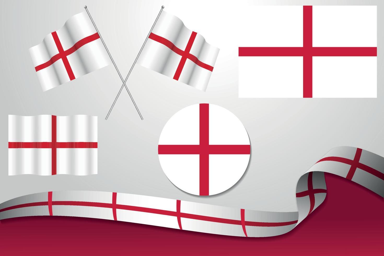 satz england-flaggen in verschiedenen designs, symbol, häutende flaggen mit band mit hintergrund. vektor