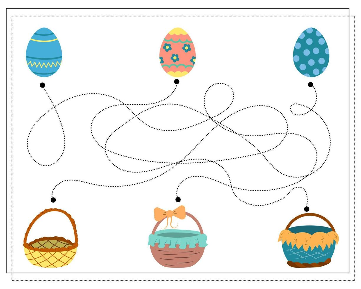 barns logikspel svep genom prickarna, gå genom labyrinten. påskägg och korgar vektor