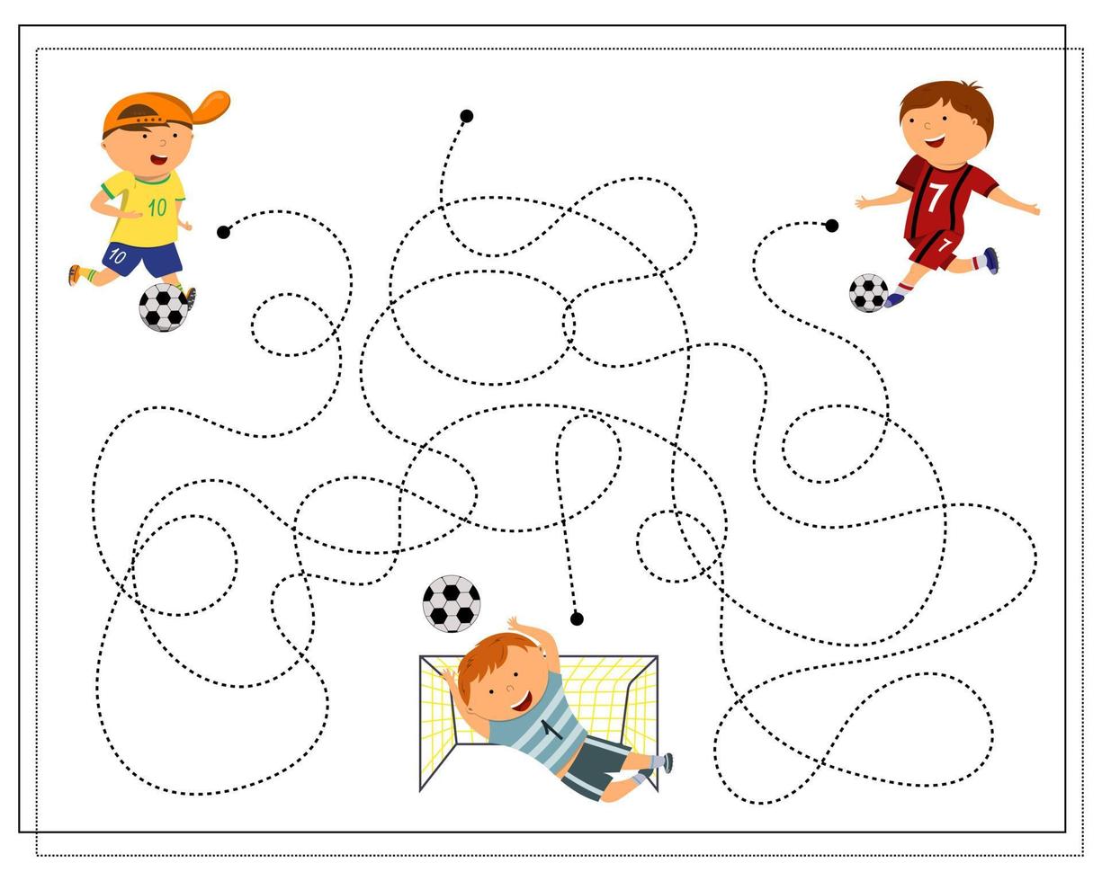 ett spel för barn, gå genom labyrinten som förbinder prickarna för att ta reda på vem som gjorde bollen i målet, en fotbollsmatch vektor