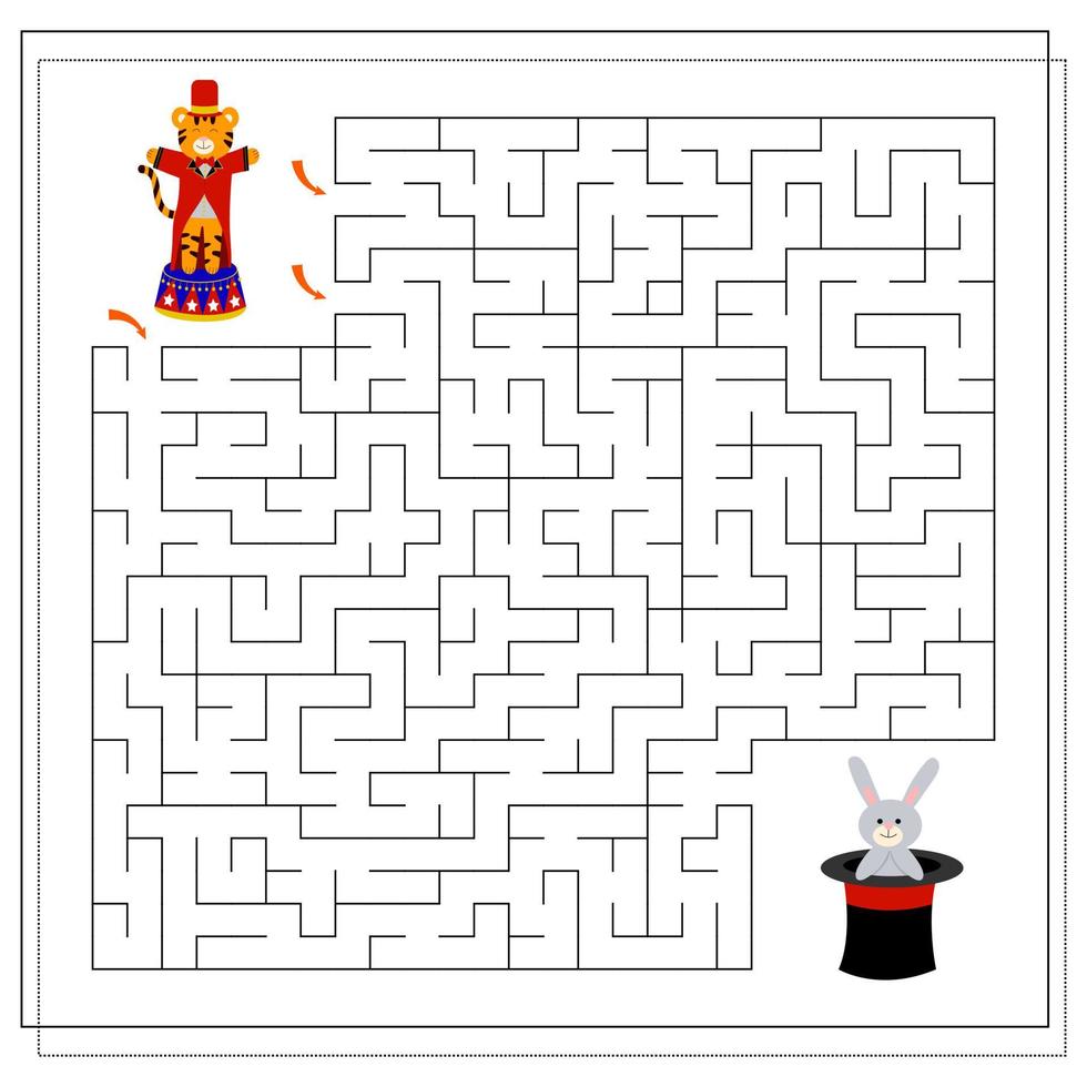 ein logisches Spiel für Kinder, passieren Sie das Labyrinth. Tiger im Zirkus vektor