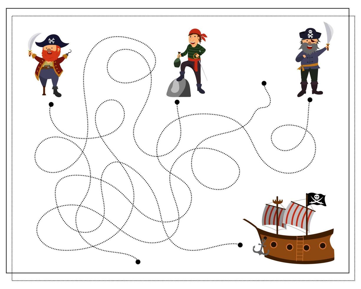 ein Spiel für Kinder, gehen Sie durch ein Labyrinth, Piraten und ein Piratenschiff vektor