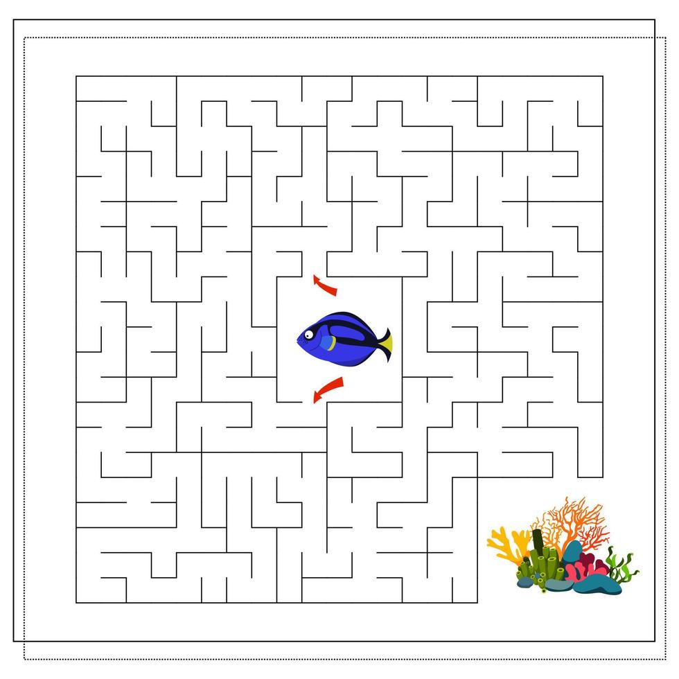 ein Labyrinth-Spiel für Kinder. Helfen Sie den Fischen, zur Koralle zu schwimmen. Cartoon-Fischangler. vektor