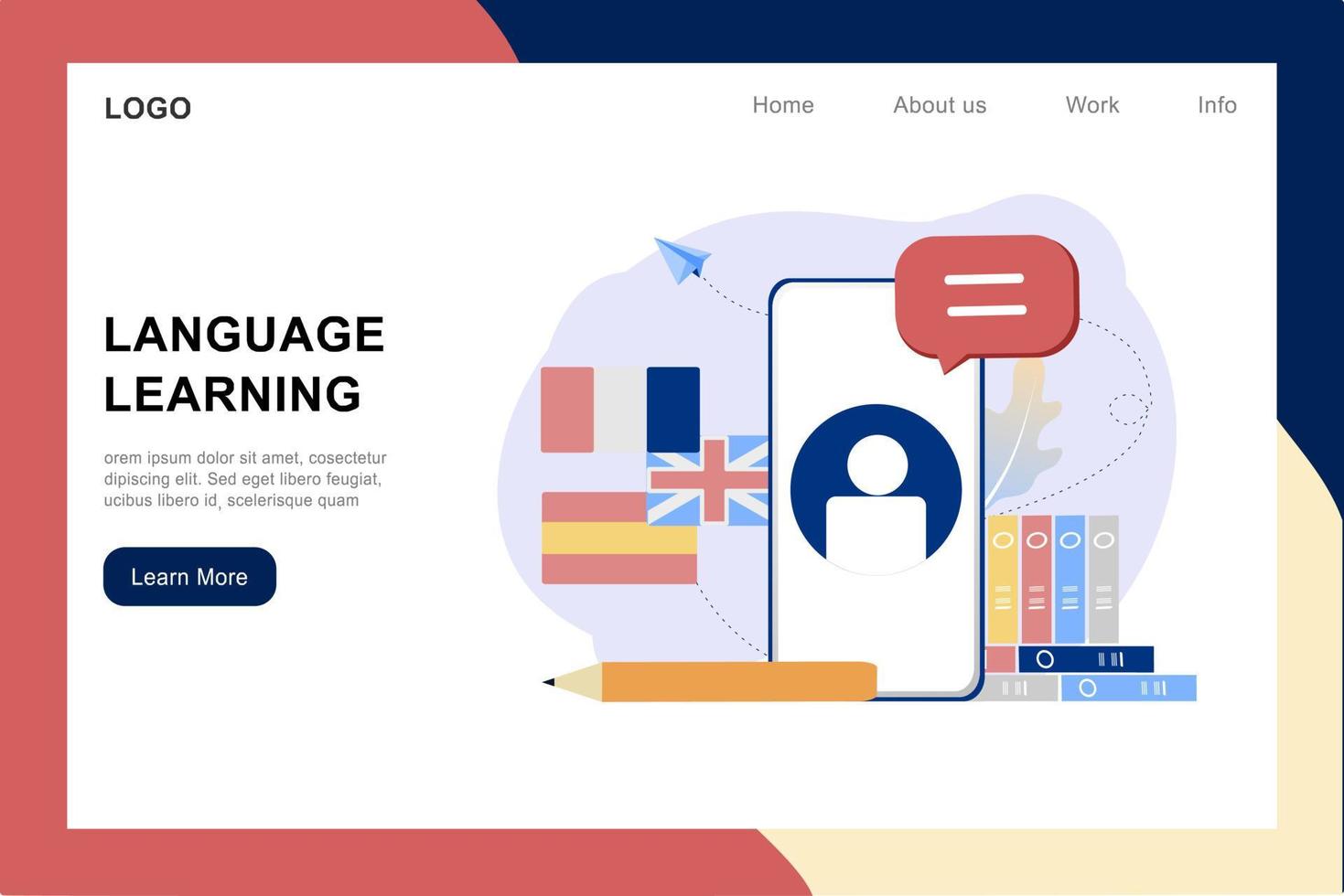 modern 3d isometrisk av online språkinlärning, språkkurser banner mall för webbplats och mobil utveckling. bokstavlig översättning, personlig assistent, e-lärande koncept. vektor illustration.