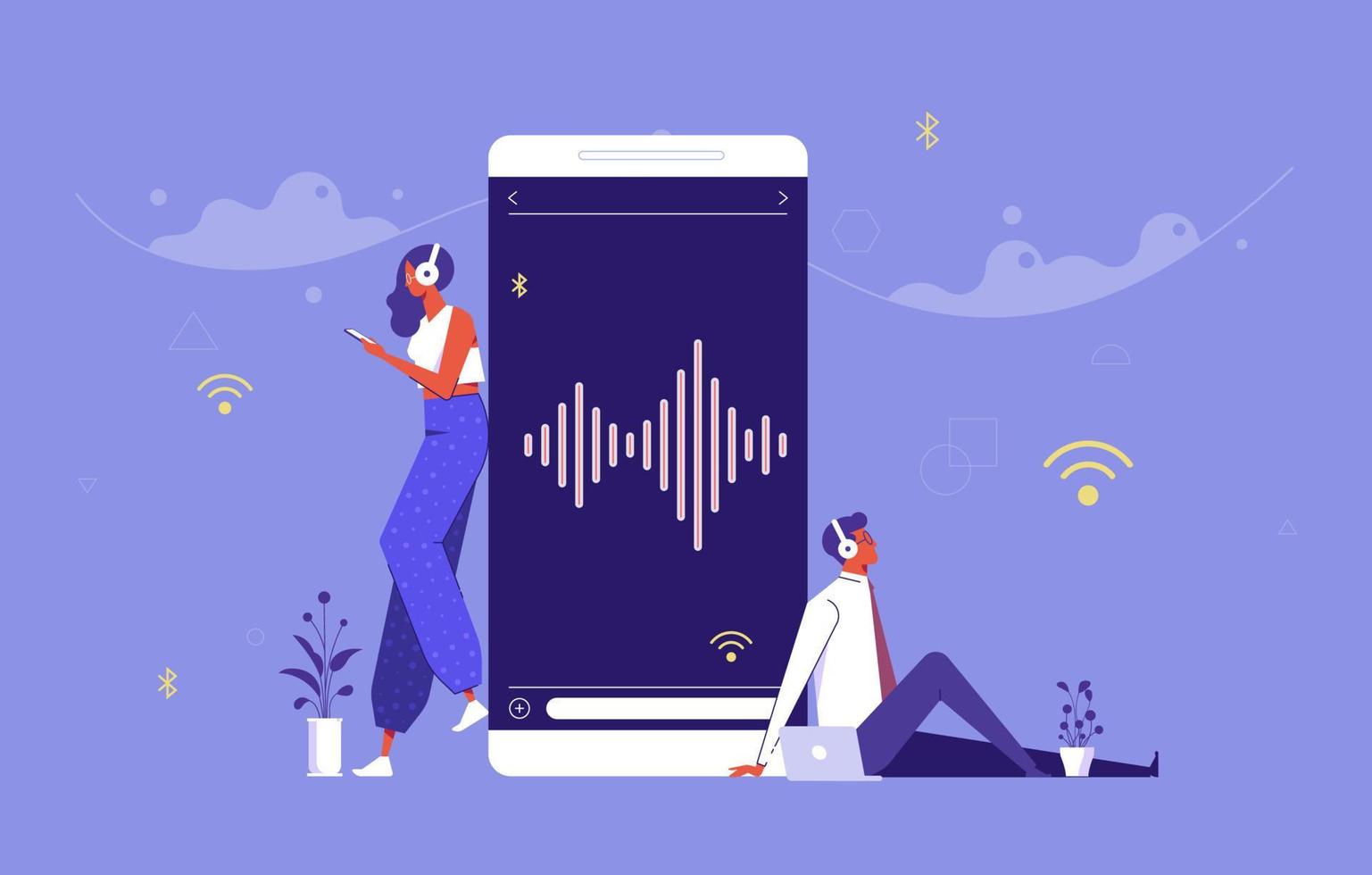 mann und frau hören musik auf ihrem smartphone, konzept der online-musikunterhaltung vektor