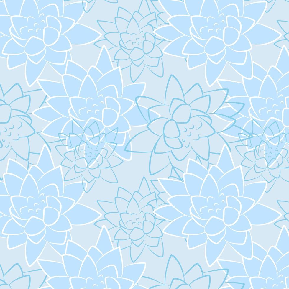 Seerose Lotusblume blaues nahtloses Muster, Vektorhintergrundschablone, flache Entwurfsskizze, die Textildruck, Blumenlayoutverzierung zeichnet. botanische Blüte natürliches Verpackungspapier. vektor