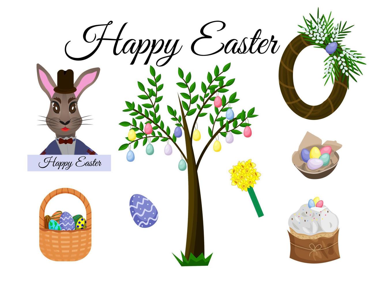 Ostern-Set. osterhase, korb und teller mit bunten eiern, osterkuchen, weidenkranz. osterbaum mit eiern, ein blumenstrauß aus narzissen. Vektor-Illustration vektor