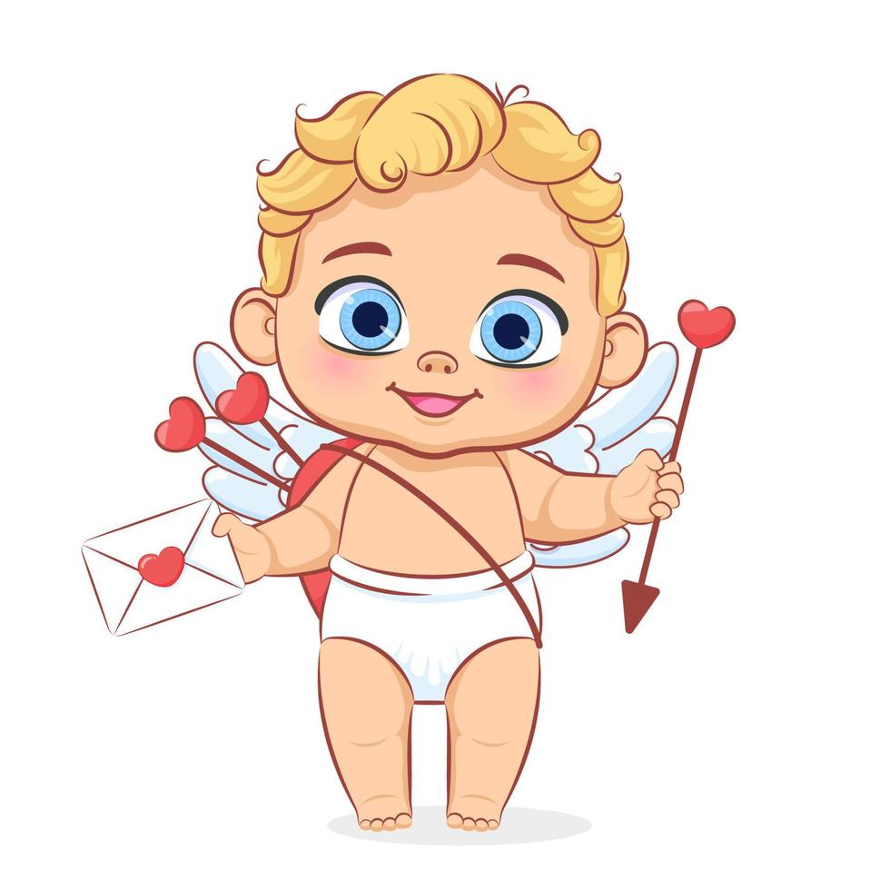 söt baby cupid med en rosett och ett alla hjärtans brev. tecknad vektorillustration. vektor