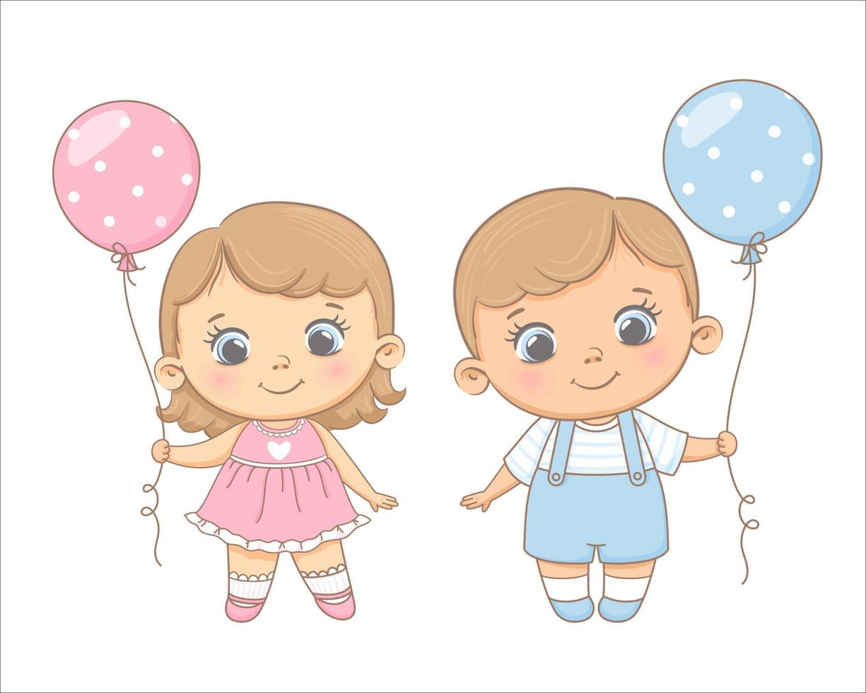 söt tjej och pojke med ballonger i händerna. vektor illustration av en tecknad film.