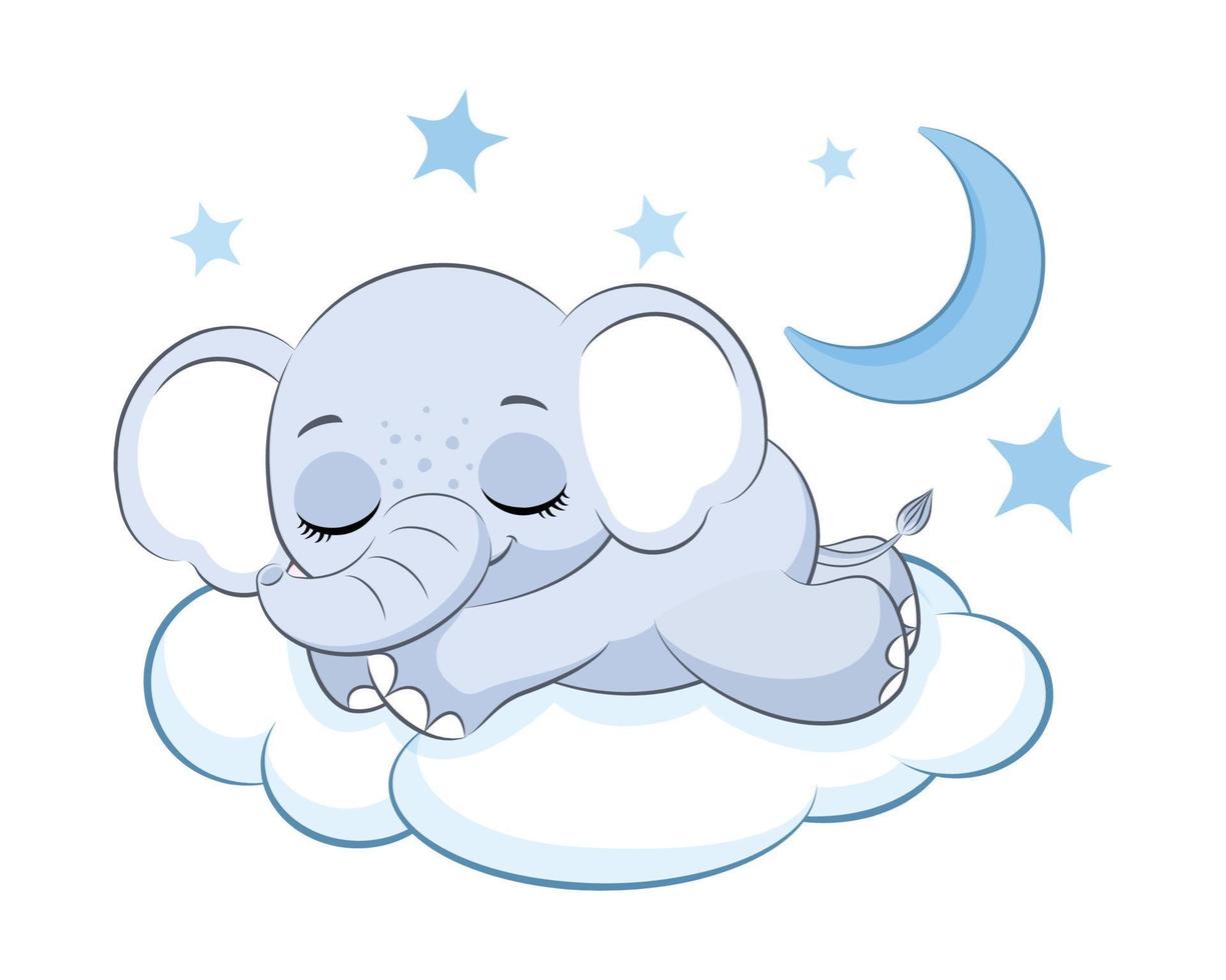 söt elefantpojke sover på ett moln. vektor illustration av en tecknad film.
