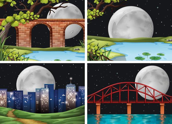 Fyra scener av staden på fullmånen natt vektor