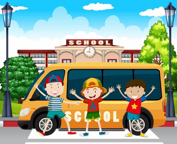 Jungen stehen am Schulbus vektor