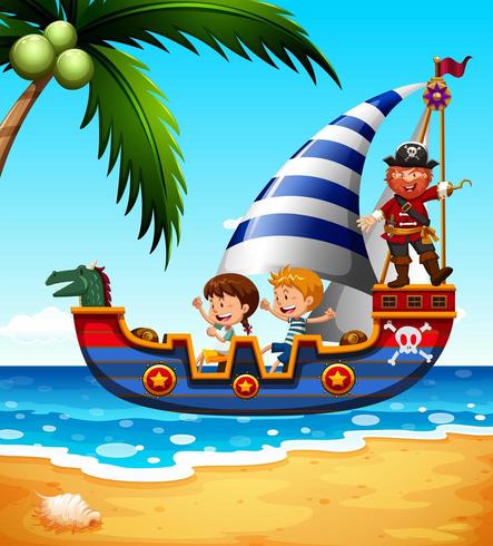 Barn på fartyg med pirat vektor