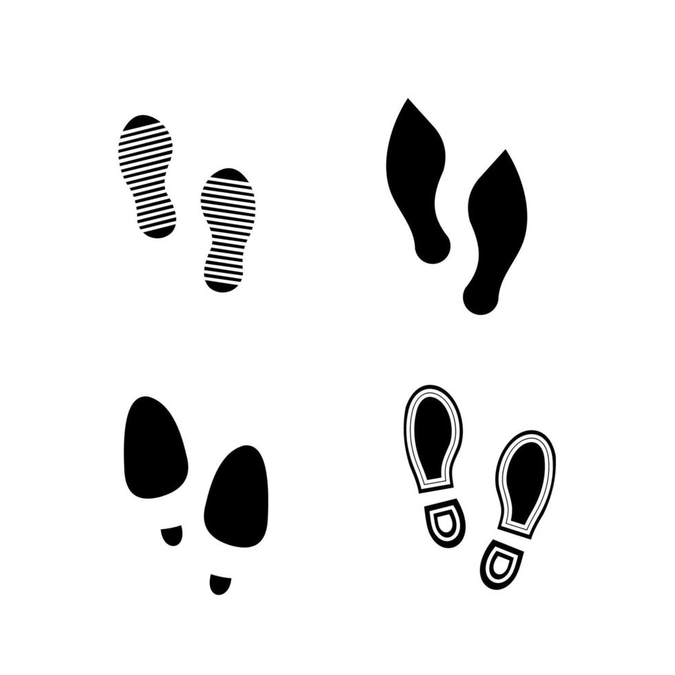 Fußabdrücke menschliche Silhouette, Vektorset, isoliert auf weißem Hintergrund. Schuhsohlen drucken. Fußabdruckprofil, Stiefel, Turnschuhe. Eindruck Symbol barfuß. vektor