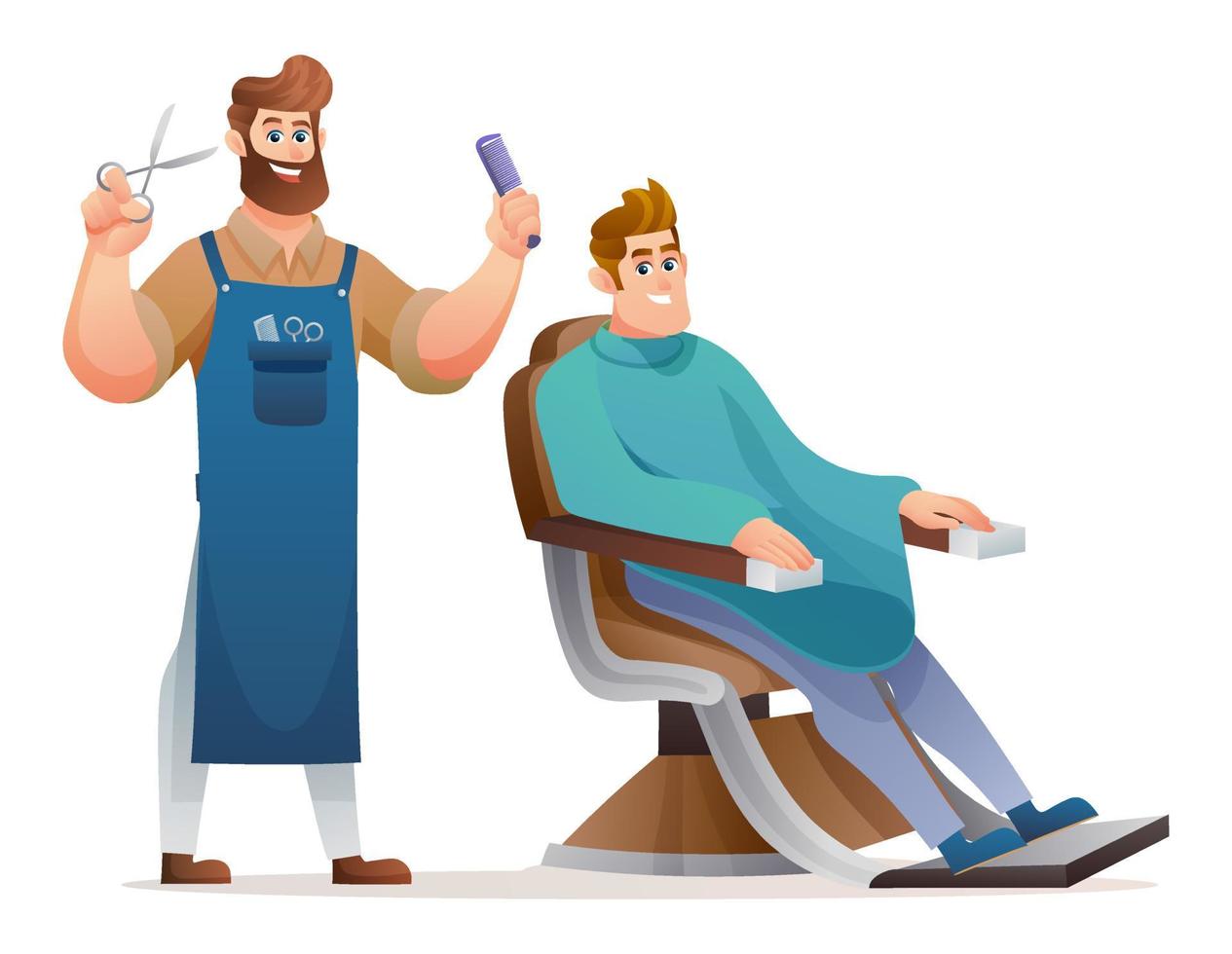 professioneller friseur mit kundenkarikaturillustration vektor