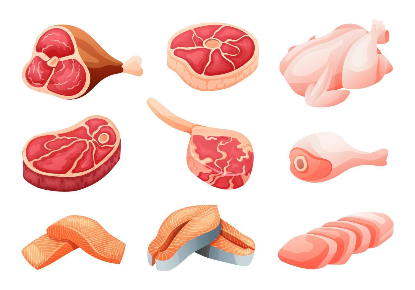 uppsättning av rått nötkött, kyckling och lax tecknad illustration vektor