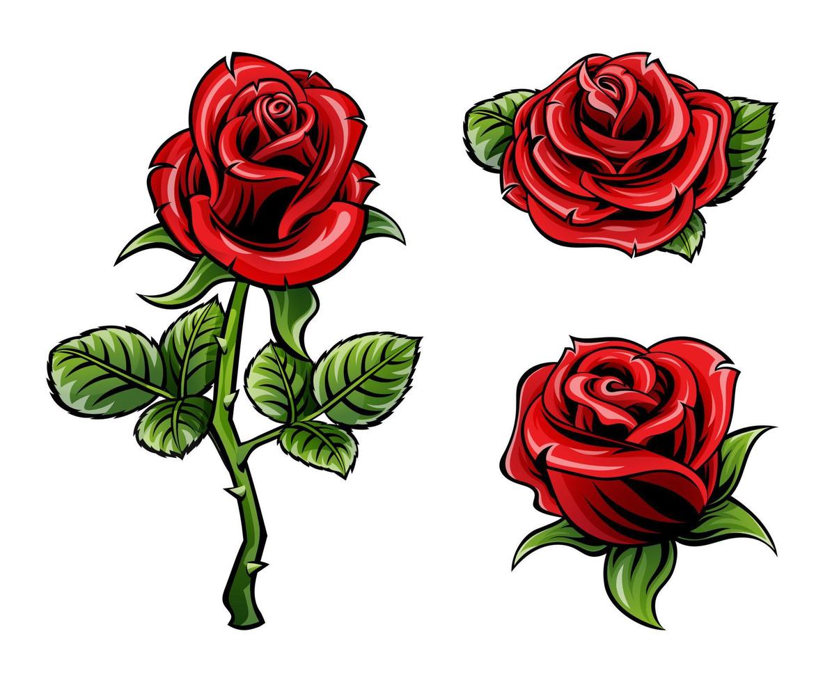 satz von vintage-roten rosenblumen im tätowierungsstil vektor