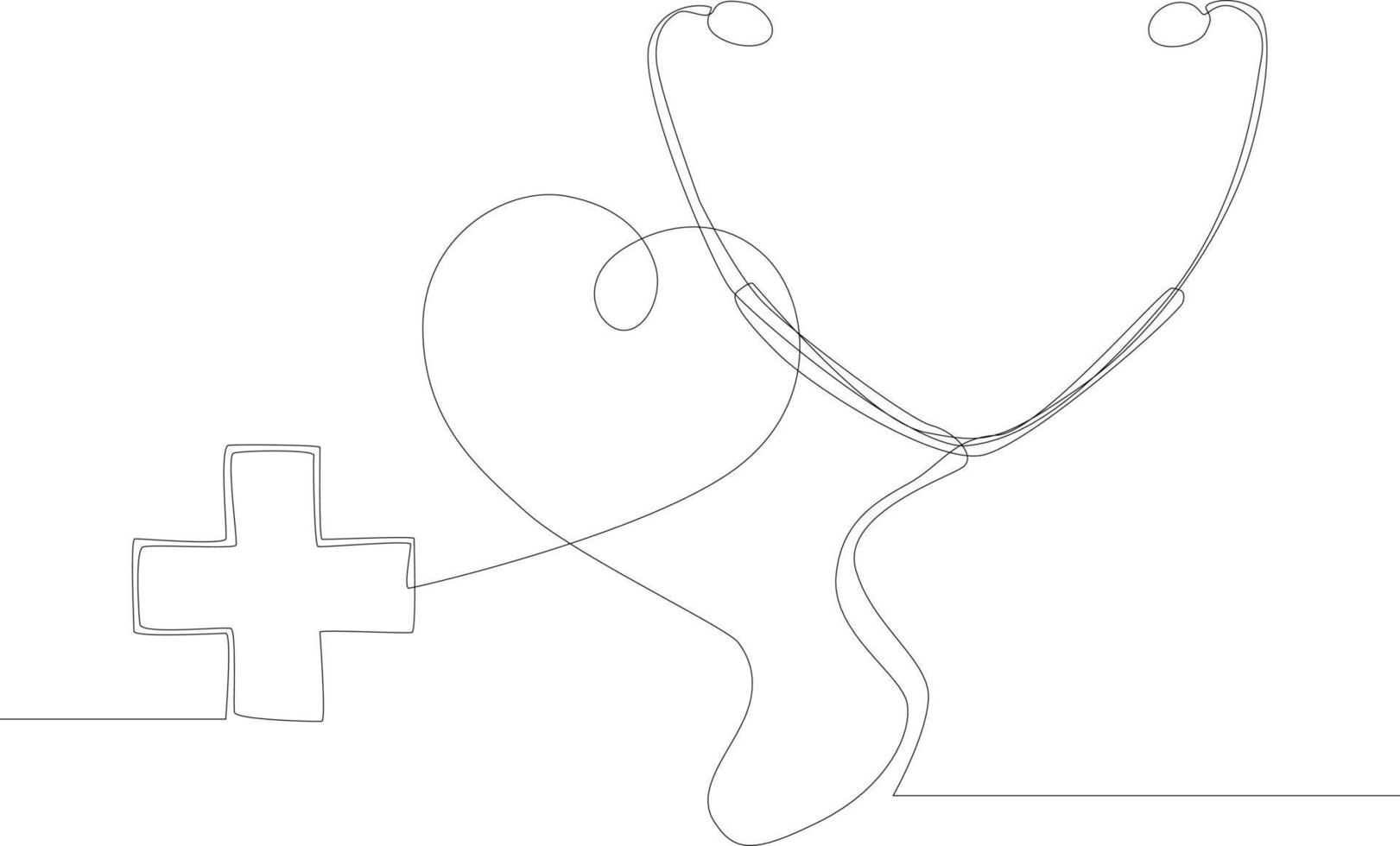 kontinuerlig linjeteckning av stetoskop i form av hjärta och medicinskt kors. stetoskop tecken isolerad på vit bakgrund. symbol medicin. vektor illustration.