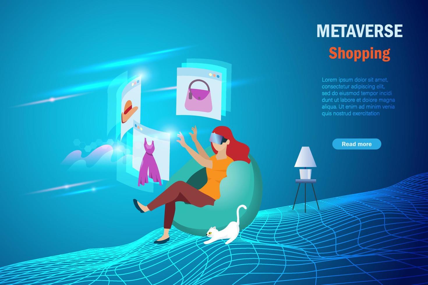 metaverse online shopping i virtuell verklighetsmiljö. kvinna bär vr glasögonglas hemma njuta av 3d-upplevelse shopping på metaverse skärm enhet vektor