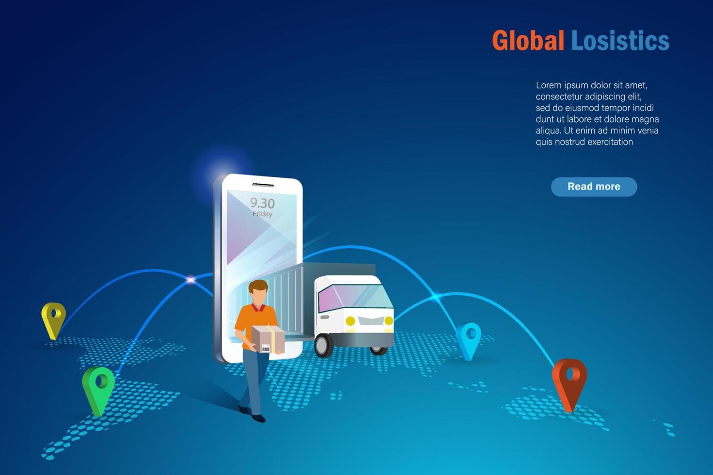 globale Online-Smart-Logistik. lieferbote mit versandwagen auf smartphone liefert sendung mit weltweiter netzwerkverbindung. globale Logistik- und Transporttechnik vektor