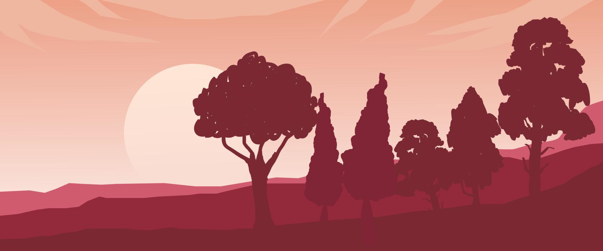 baumsilhouette schöne abendlandschaft, dichte bäume im wald, silhouettenvektor vektor