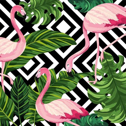 mönster av tropiska blad med flamingos och diamanter vektor