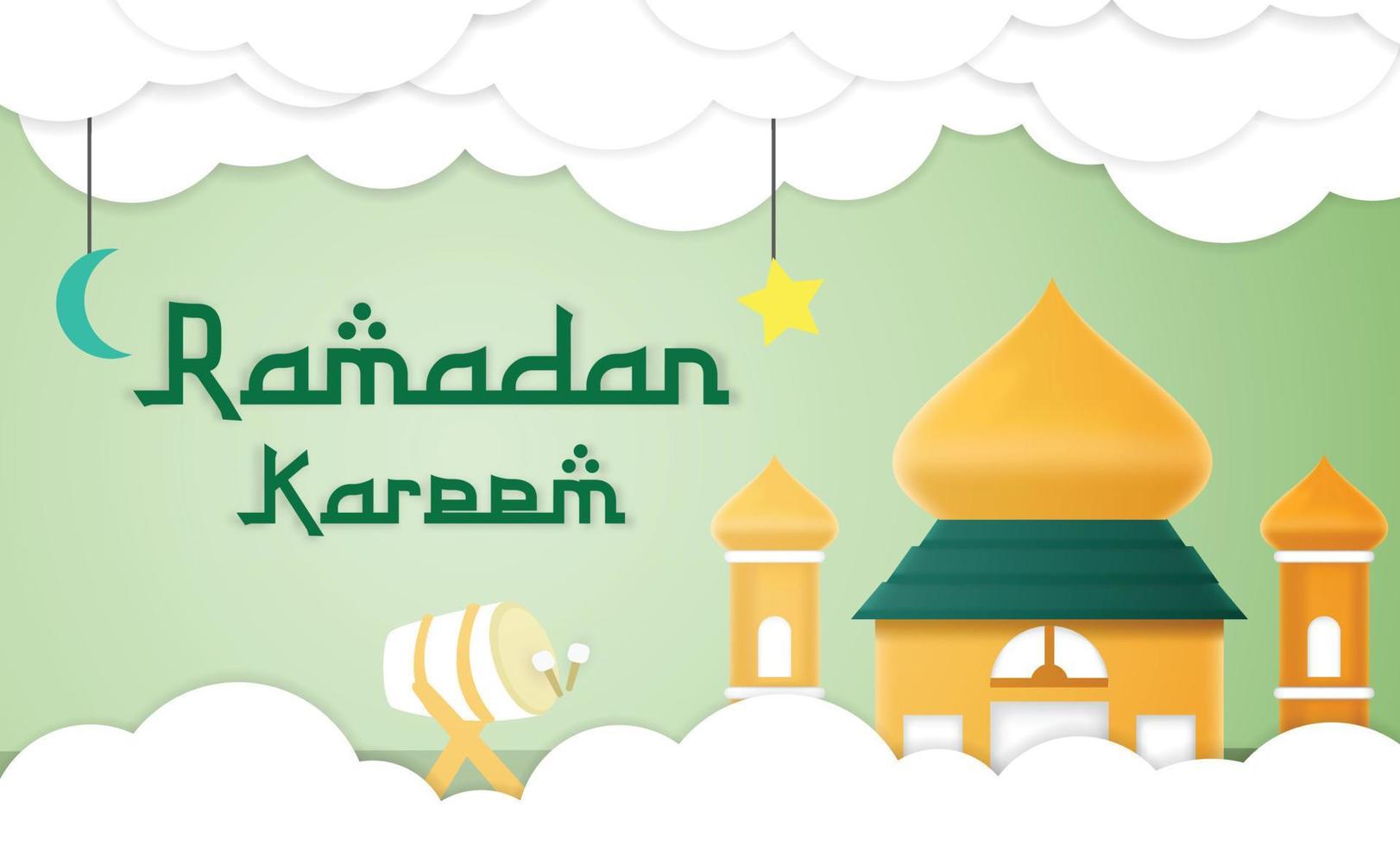 Papercut-Vorlage Hintergrunddesign realistisches 3D-Ramadan Kareem mit Moschee und Wolkenverzierung vektor