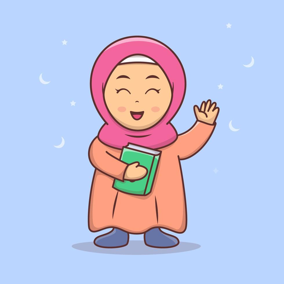 söt flicka hijab håller koranen vektorillustration, muslimsk tjej med hijab tecknad premium vektor