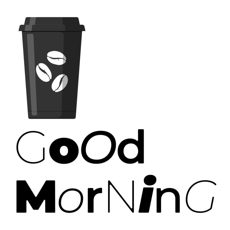 Guten Morgen Grafiktext und Einweg-Kaffeetassen-Banner. minimalistisches Designplakat. Vektor-Eps-Quadrat-Illustration auf weißem Hintergrund vektor