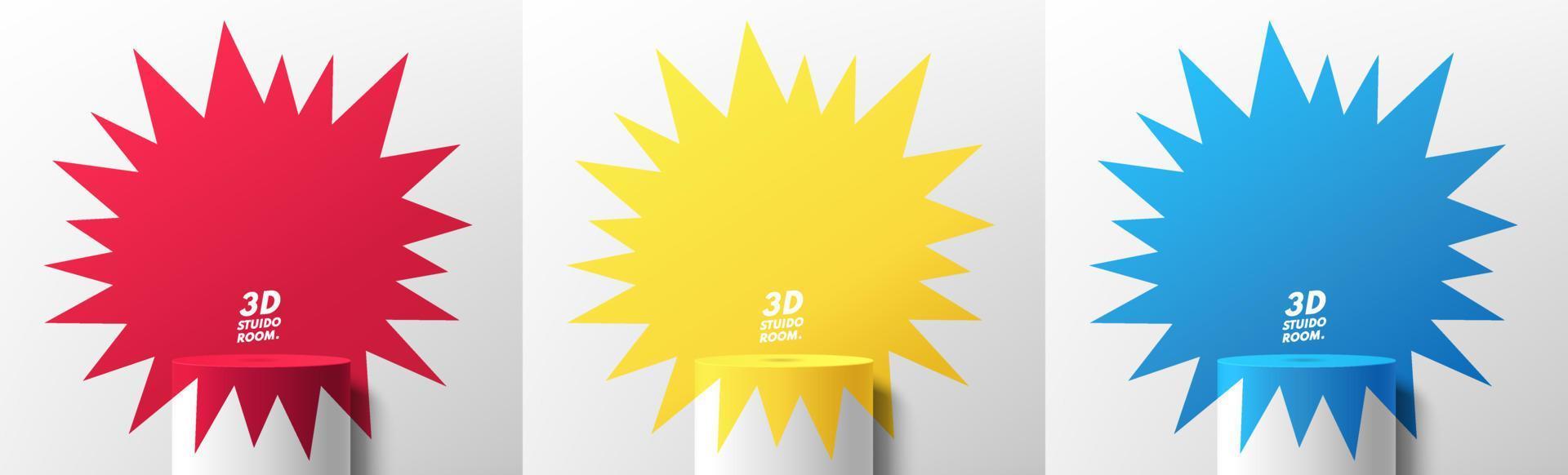 satz realistischer roter, gelber, blauer und weißer 3d-zylinderständer oder podium mit buntem geometrischem hintergrund. minimale szene für produktpräsentation, bühnenwerbung. Vektor abstrakte Raumplattform