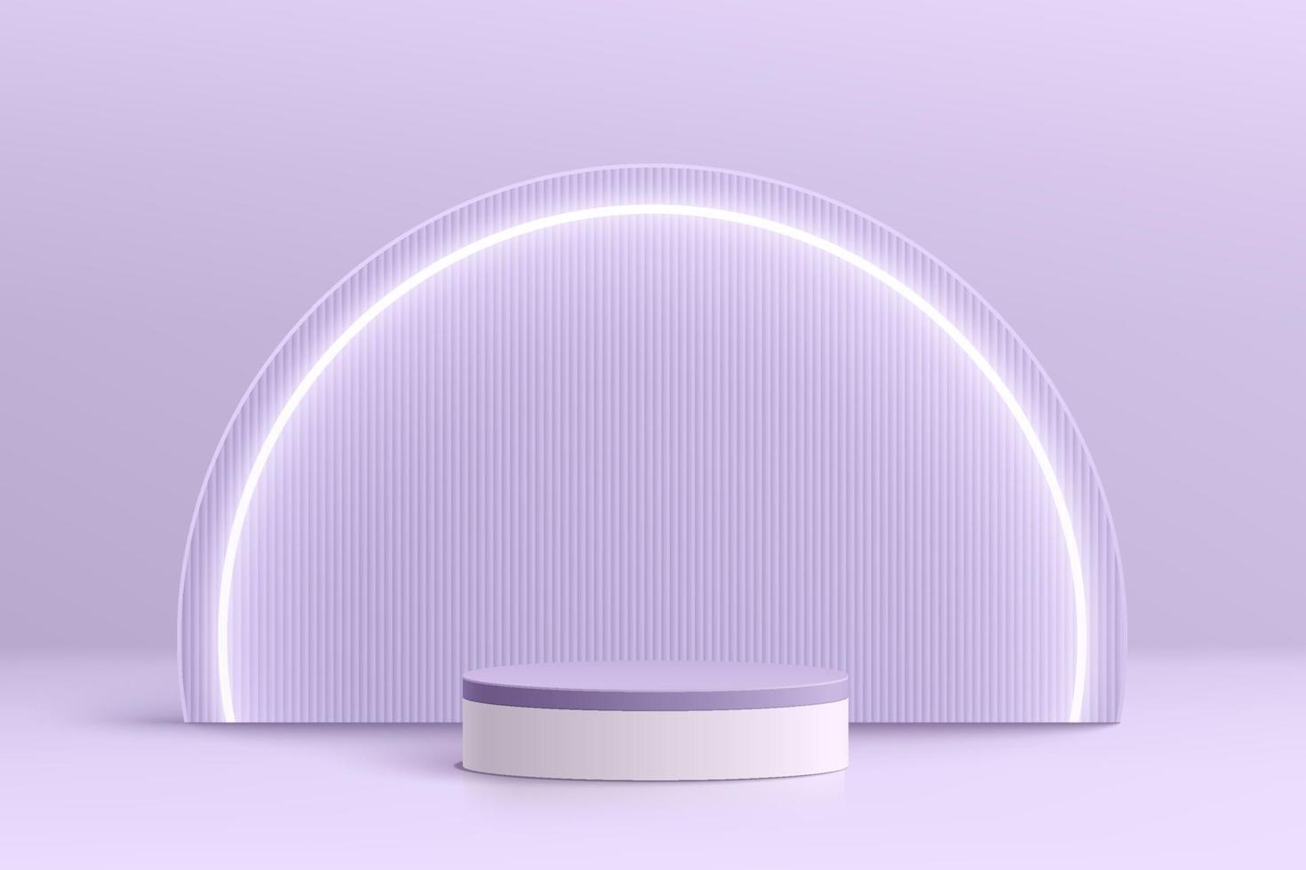 realistisches lila und weißes 3d-zylinderpodest mit leuchtender neonhalbkreislampe. minimale szene für produktbühnenschaufenster, werbedisplay. Vektorgeometrische Plattform. abstrakter Studioraum vektor