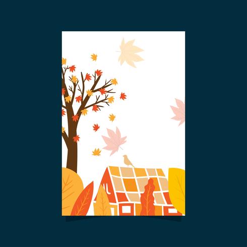 Herbstplakat mit Blättern, Bäumen und Haus vektor