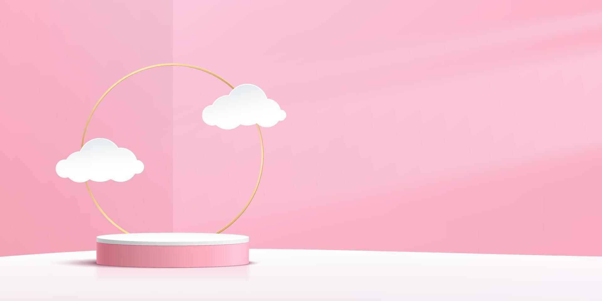 vit cylinderpiedestalpodium. söt rosa minimal väggscen med gyllene ring och molnformig papperssnittstil. vektor rendering 3d-form, produkt display presentation. abstrakt rum med kopia utrymme.