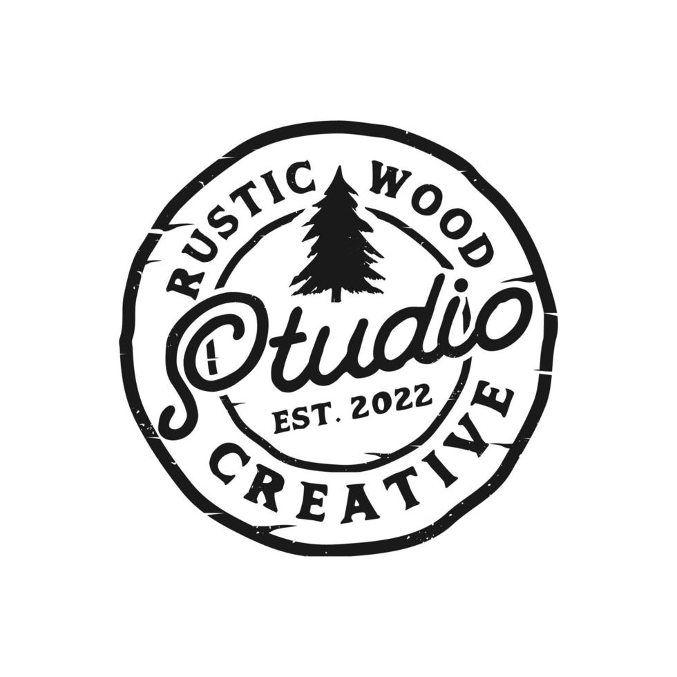 rustik trä studio vintage. vektor logotyp mall illustration