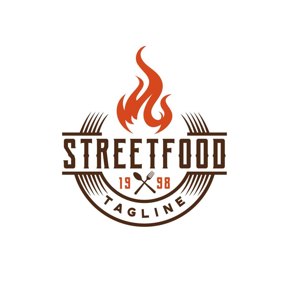 Street-Food-Emblem-Flammentypografie für Restaurant-Café-Bar-Logo-Design-Vektor vektor