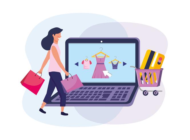 Frauenon-line-Einkaufen mit Laptop- und Geschäftsverkehrelementen vektor