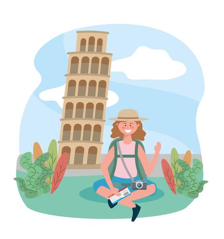 Kvinna med ryggsäck på Tower of Pisa vektor