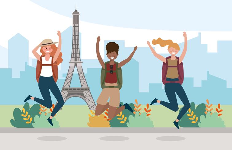 Gruppe weibliche Freunde, die vor Eiffelturm springen vektor