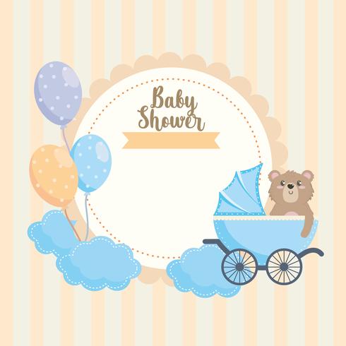 Babypartyaufkleber mit Teddybären im Wagen vektor