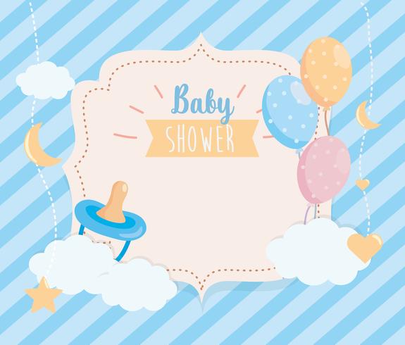 Babypartyaufkleber mit Friedensstifter und Ballonen vektor
