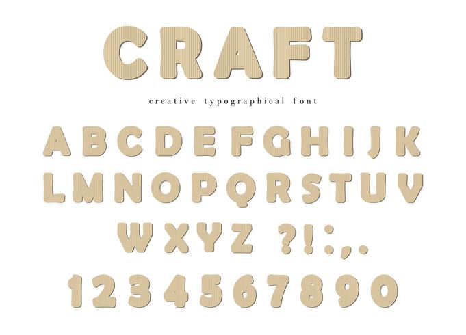 Handwerk typografische Schriftart. Papp-ABC-Buchstaben und -zahlen lokalisiert auf Weiß. vektor