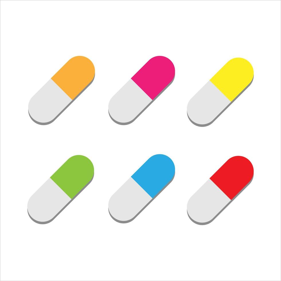 Reihe von farbigen medizinischen Pillen. Vektorsymbol. Cartoon-minimaler Stil. medizinische kapsel und drogen. Gesundheits- und Medizinkonzept. vektor