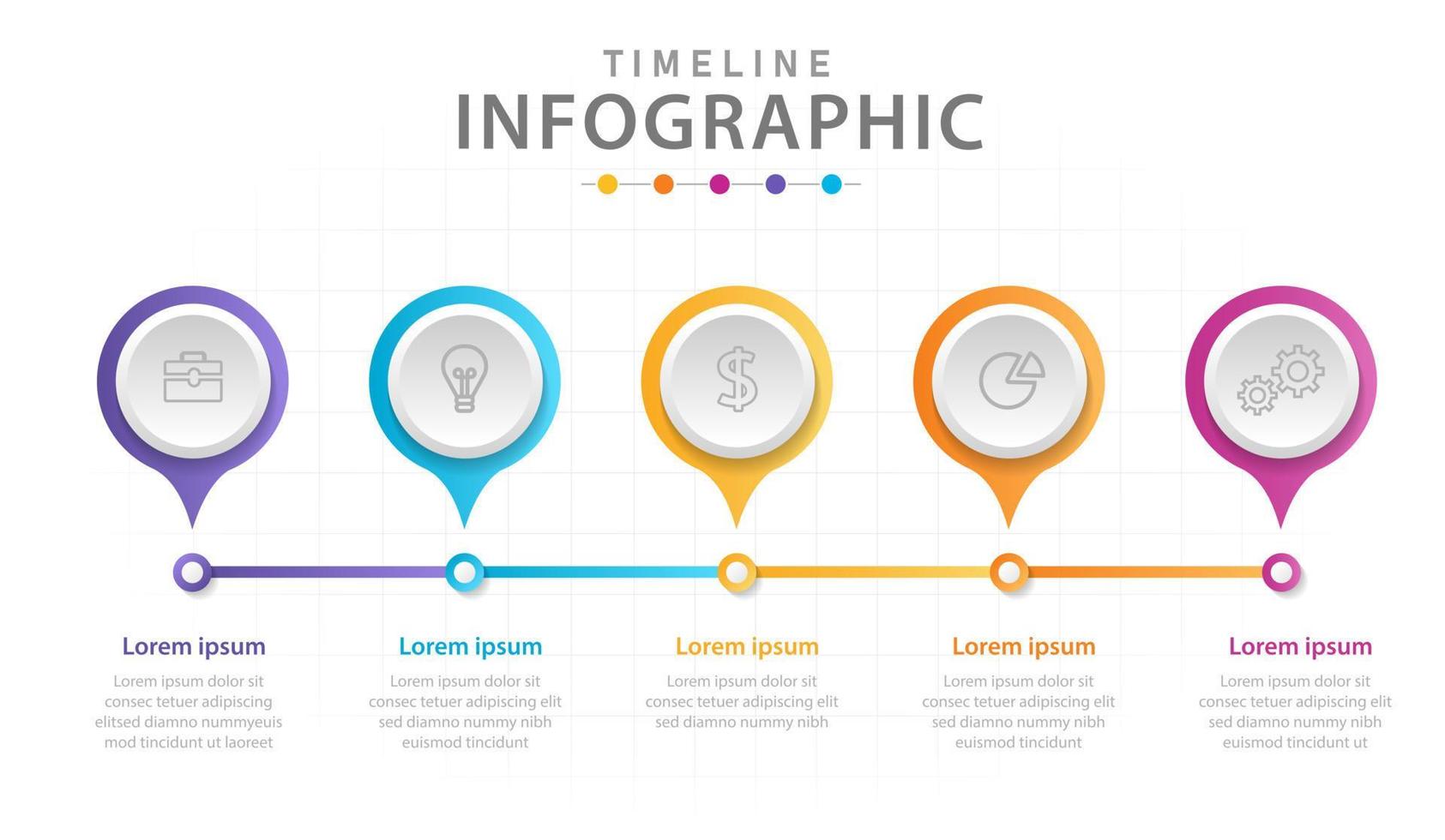 Infografik-Vorlage für Unternehmen. 5 Schritte modernes Zeitachsendiagramm mit Linienkreisen, Präsentationsvektor-Infografik. vektor