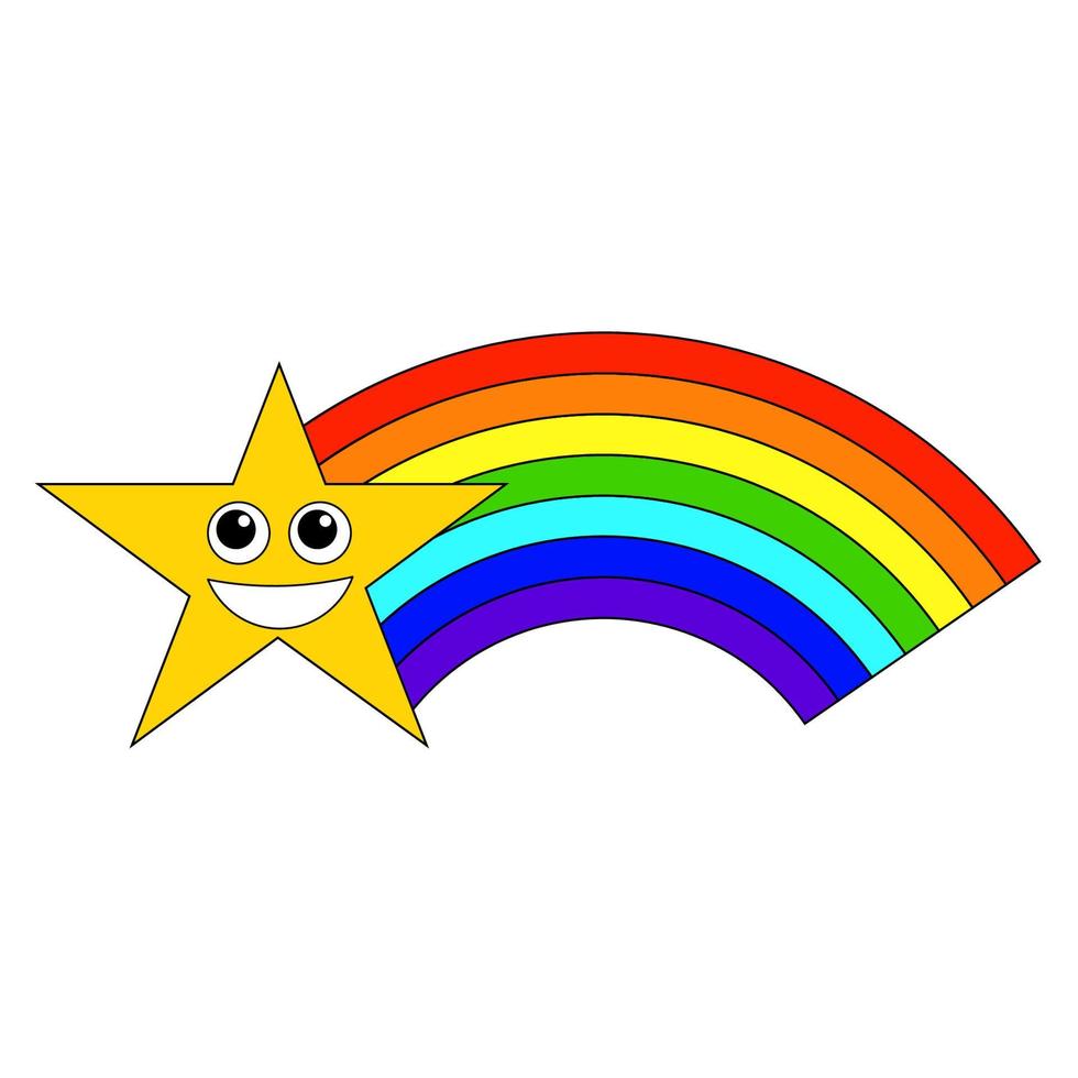 karikatur lineares gekritzel retro glücklicher sterncharakter mit dem regenbogen lokalisiert auf weißem hintergrund. vektor
