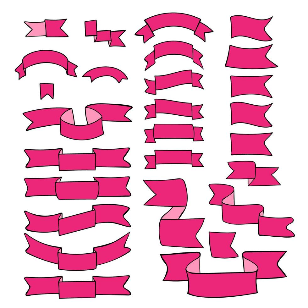 rosa bänder, große reihe von handgezeichneten designelementen, flagge, pfeil, banner, etikett auf weißem hintergrund. magentafarbenes, handgezeichnetes Cartoon-Band mit leerem Platz für Titelschreiben. vektor