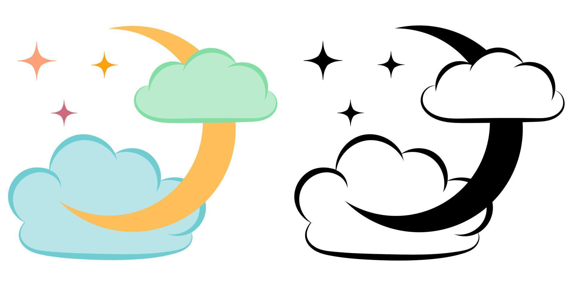 Symbol des Halbmonds mit Sternen und Wolken. Symbole des Nachthimmels. Entspannungskonzept. vektor