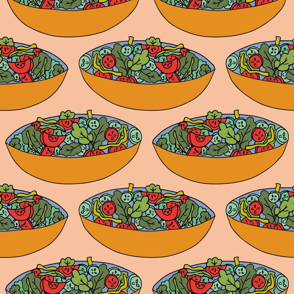 tecknad doodle sallad med tomater och gurkor sömlösa mönster. söt mat, middag bakgrund. vektor