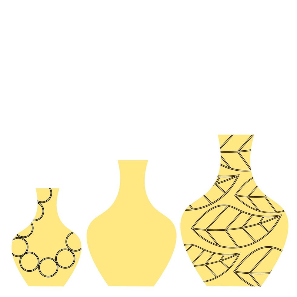 Reihe von Keramikvasen, die in einer Reihe isoliert auf weißem Hintergrund stehen. Karte mit Leerzeichen. Vase mit Blumenmuster. Vase ohne Muster. Vase mit Kreismuster. vektor