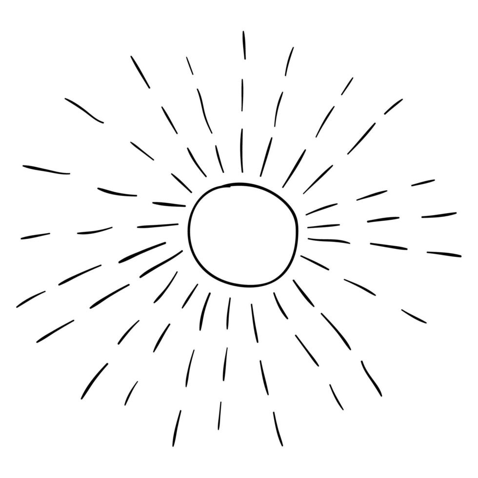 tecknad doodle linjär sol med strålar isolerad på vit bakgrund. vektor