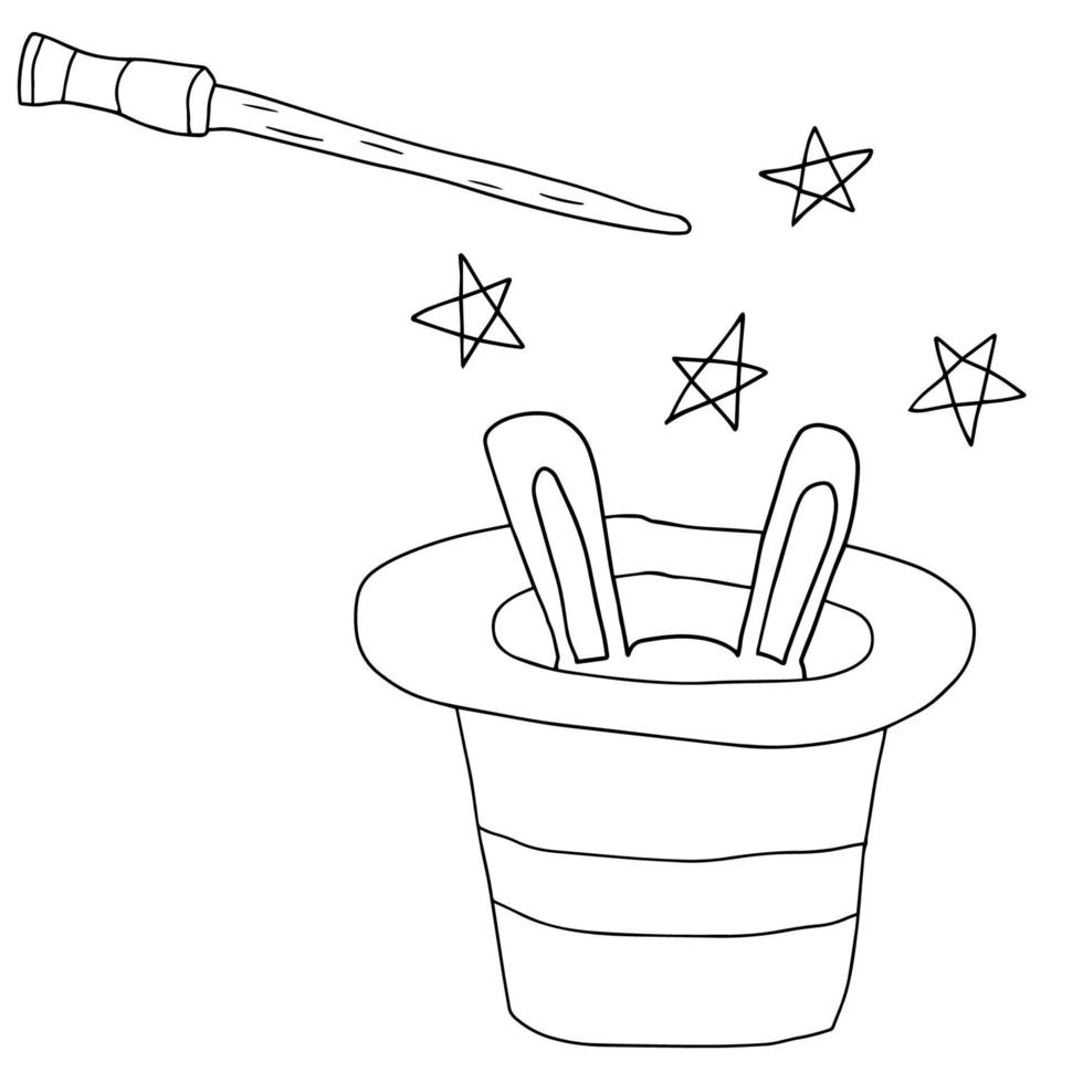Doodle Zaubertrick mit dem Aussehen eines Kaninchens aus einem Hut isoliert auf weißem Hintergrund. vektor